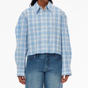 TIBI PLAID SCALLOP SLEEVE CROPPED BOYFRIEND SHIRT